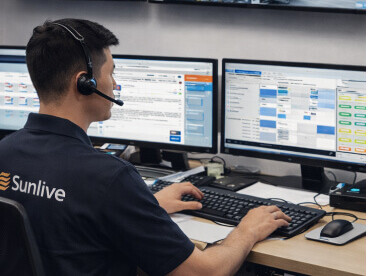 Sunlive warehouse operator monitoring multiple screens with warehouse video feeds, automation dashboards, and control software from a central command desk